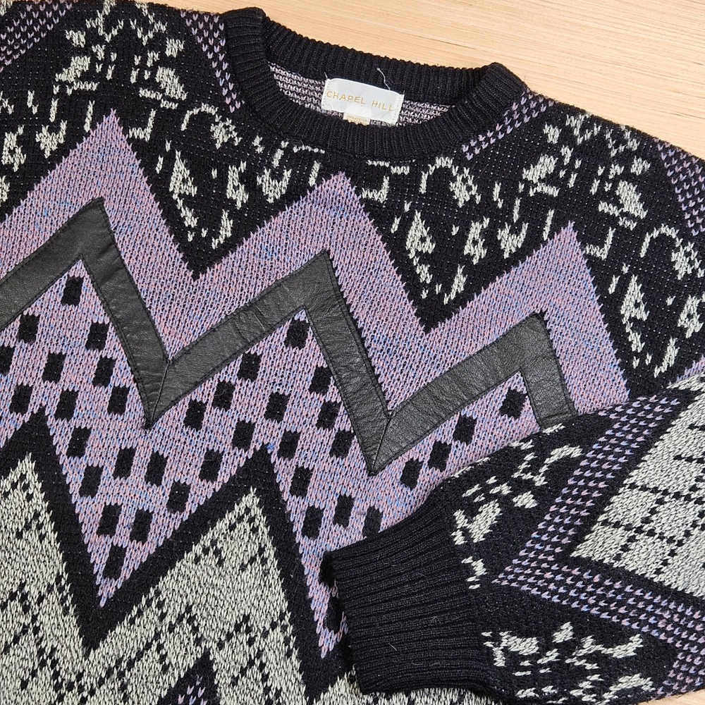 Vintage 80s 90s Knit Geometric Sweater M Black Purple Leather Trim Chapel Hill